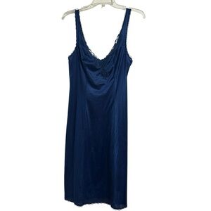 VTG Liquid Satin & Lace Nightgown Small Long Navy Blue 100% Nylon Canada Made